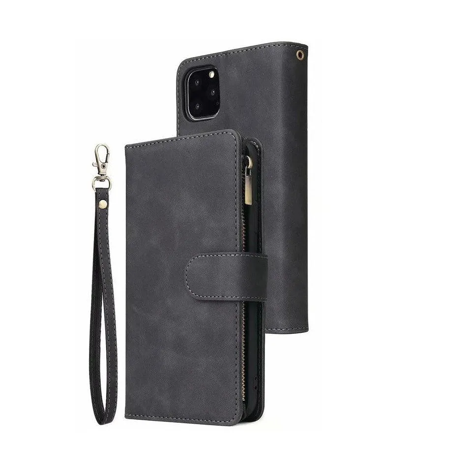 Zipper Wallet Mobile Phone Case for iPhone 13 Pro with Wrist Strap Black