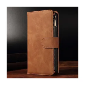 Zipper Wallet Mobile Phone Case for iPhone 14 with Wrist Strap Brown