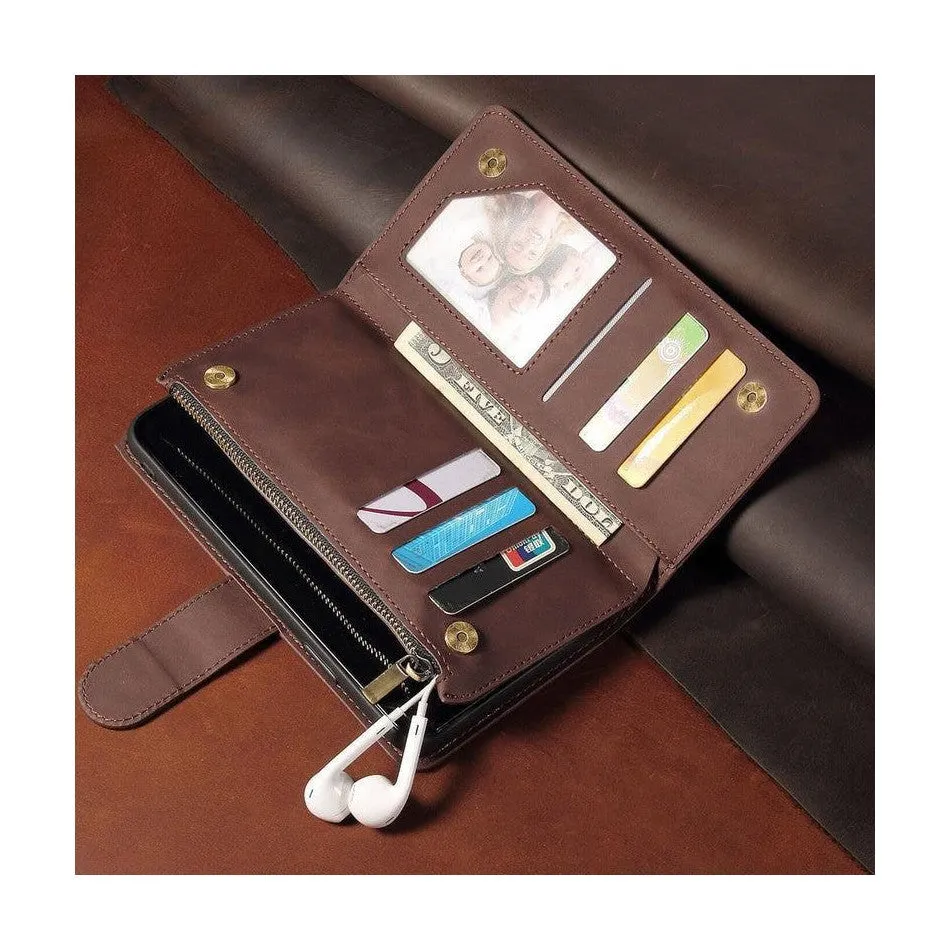 Zipper Wallet Mobile Phone Case for iPhone 14 with Wrist Strap Brown